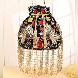 $259 MSRP - Ramla MUMBAI Hand-Embroidered Bag - BLACK, GOLD & MULTICOLOR Floral